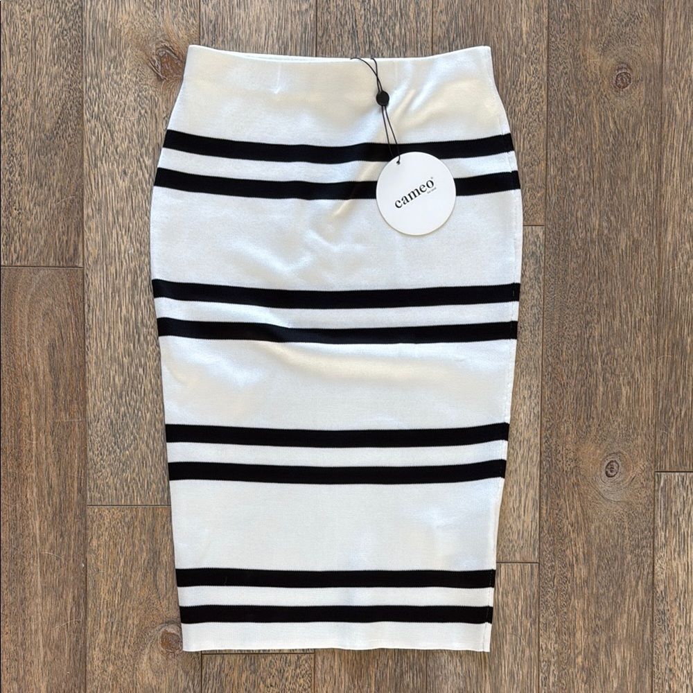 Cameo Black White Striped Pencil Knit Midi Skirt XS